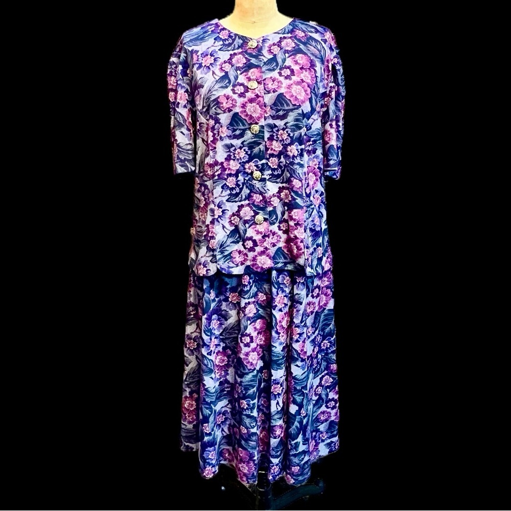 VINTAGE‎ 80s 2 piece set midi skirt bodice button front top dark moody floral